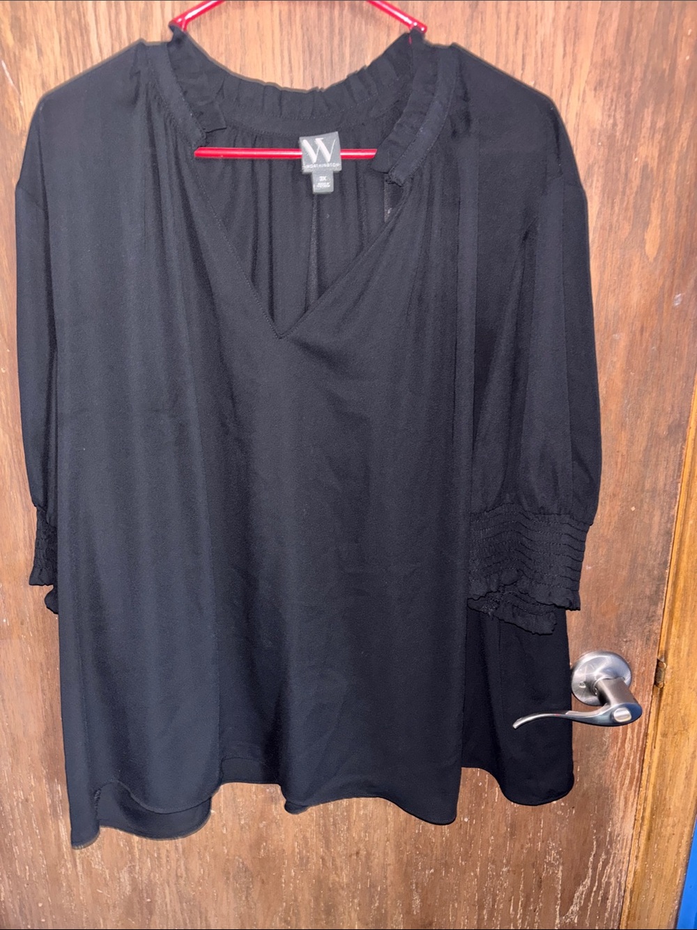 Worthington Black V-Neck Peasant Blouse with Smocked Cuffs